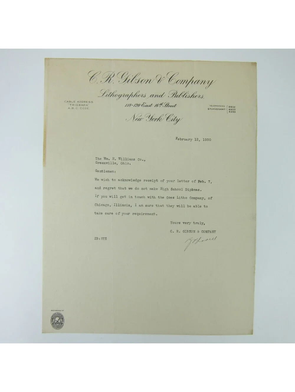 Vintage 1930 Letterhead Signed C.R. Gibson & Company Lithographer New York City